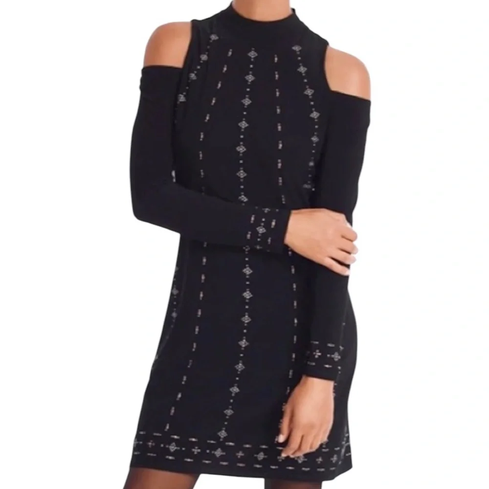 White House Black Market Black Knit Cold Shoulder Embellished Shift Dress